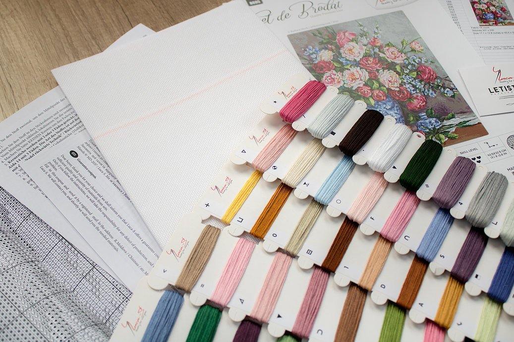 Her Majesty Roses B605L Counted Cross-Stitch Kit featuring vibrant colors and Aida canvas.